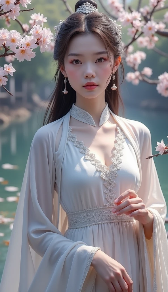 a close up of a woman in a dress near a body of water, ethereal beauty, white hanfu, ao dai, palace , a girl in hanfu, cheongsam, wearing a luxurious silk cloak, a stunning young ethereal figure, wearing beautiful clothes, beautiful goddess, detailed dress and face, ruan jia beautiful!, chinese dress, with acient chinese clothes