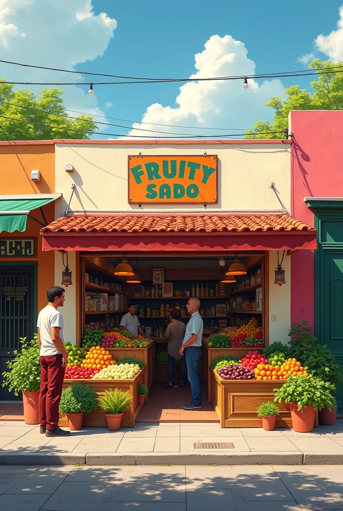 Commercial premises for the sale of fruits and vegetables inside a market with dimensions of 6x4 meters, completely visible adjacent premises of meat on one side and grocery stores on the other, Modern Mexican style using light-colored quarry cladding on the façade with an inclined front overhang of annealed red clay tiles, in front of each store, a staff person inviting people to enter and inside each store, a couple or family buying.
