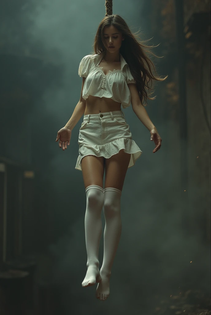Scene of female student wearing white thigh high socks being hanged to death ,hovering in the air