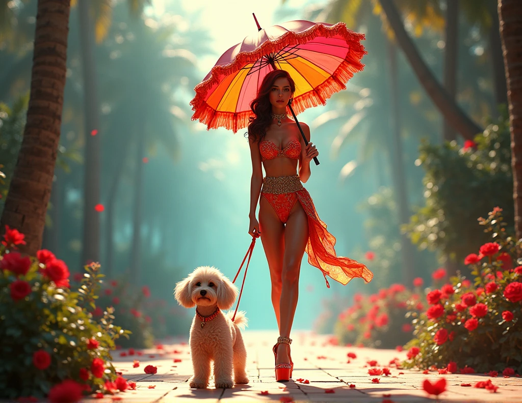 Risqué lady wearing high fashion footwear and high fashion designer outfits carrying a colored frilled summer parasol in one hand while walking a poodle in the style of fantastical visions with contra-jour lighting in dynamic colors