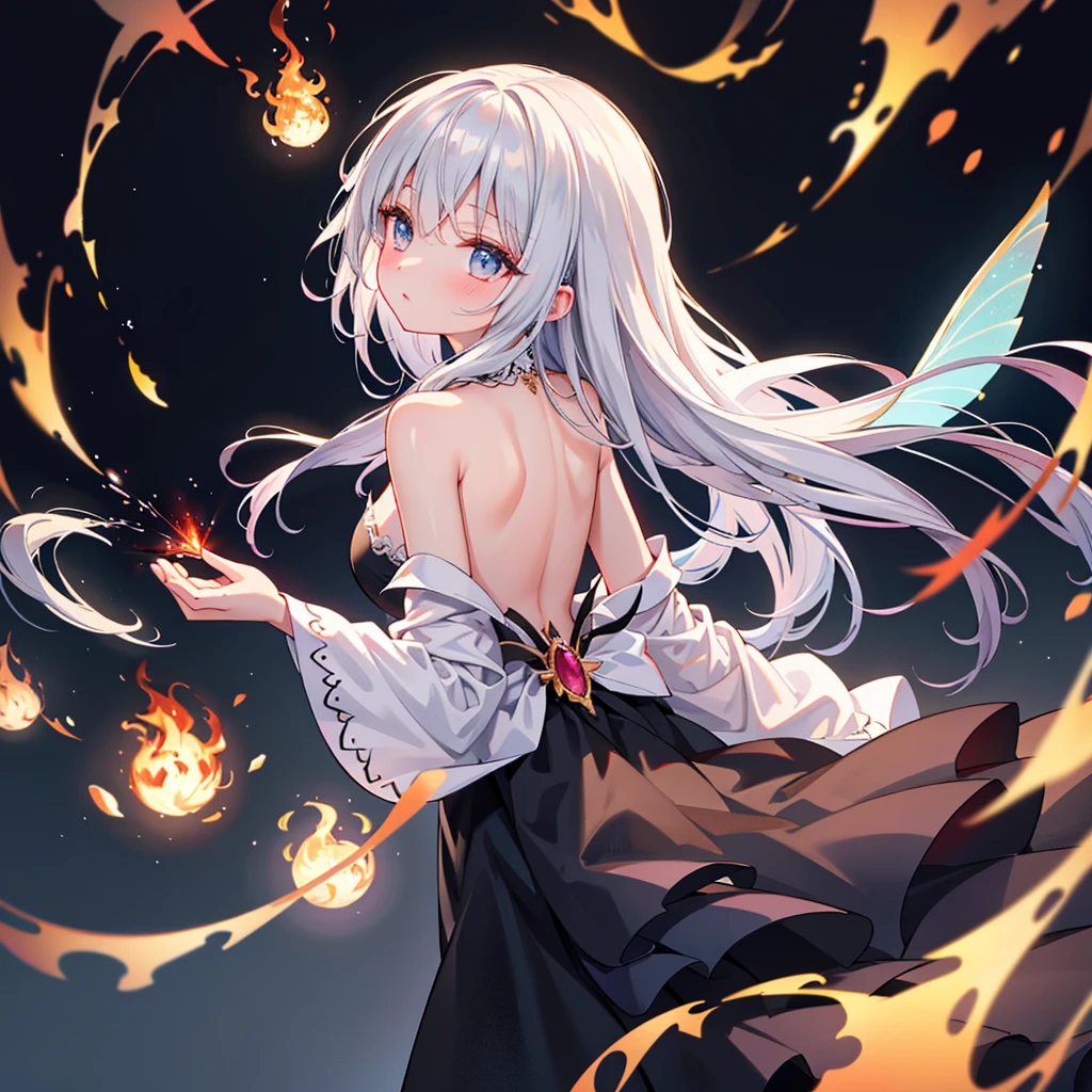 (Exquisite, beautiful, Very detailed, masterpiece, high resolution,high quality,High resolution),(Well-formed face,soft thin lines: 1.2, Beautiful, delicate and vivid illustrations with a mature and clear feel), From the rings on both hands, a fairy that controls flames and fire is floating in the air.,A delicate and beautiful adult fairy princess with transparent, black wings growing from her back.,Dark Night,inflammation,sparks,From a little distance,She's wearing a tiara, earrings, necklace and bracelets.,), ((Red, white and black ball gown dress with inflammation motif:1.1, Balloon sleeves, Jewels, ribbons, lace and frills, Fairy wings from the back:1.5)), (Long fingers,Pale pink blush, Plump pink lips,Beautiful and clear eyes,Large Bust, Fair skin, Black knee-highs,Good style),pastel colour, Fantasy,Whole body,flare up