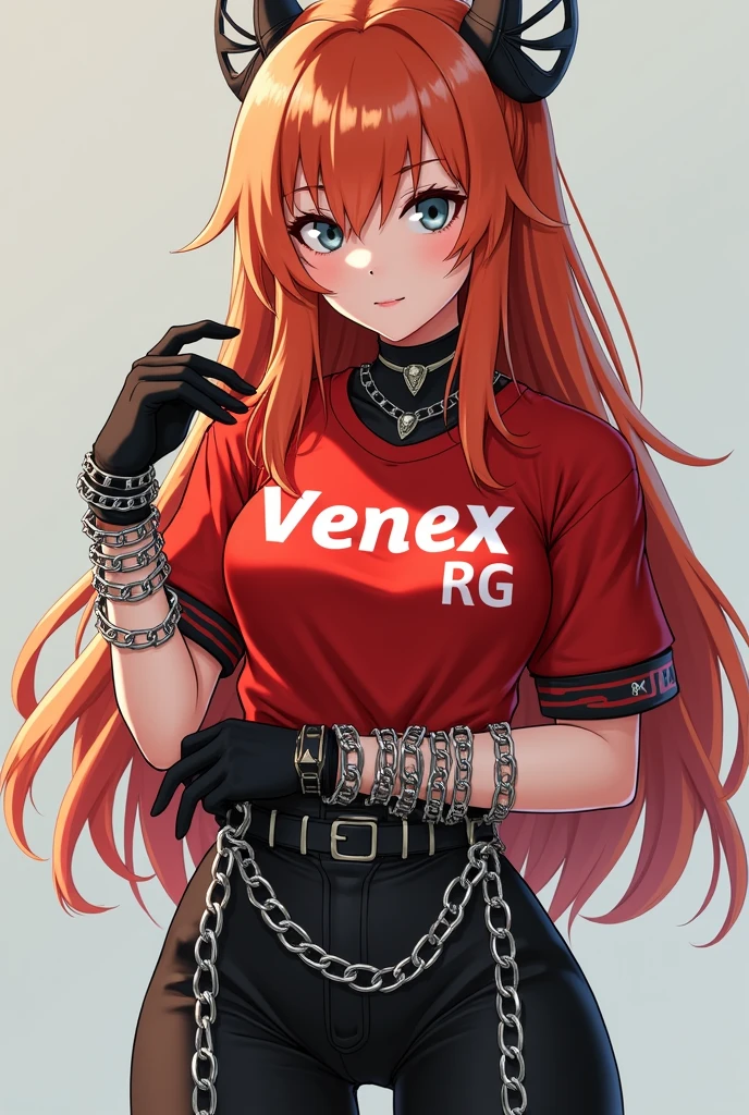 A half anime female character,with long ginger hair, with a shirt that says venex RG Red short, and chains on the waist with black gloves and chains on the hand and gray eyes with a pose, and with a model&#39;s body
