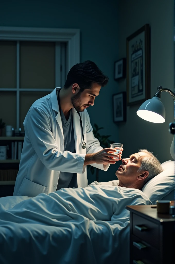 Doctor standing The son is giving medicine to his sick father