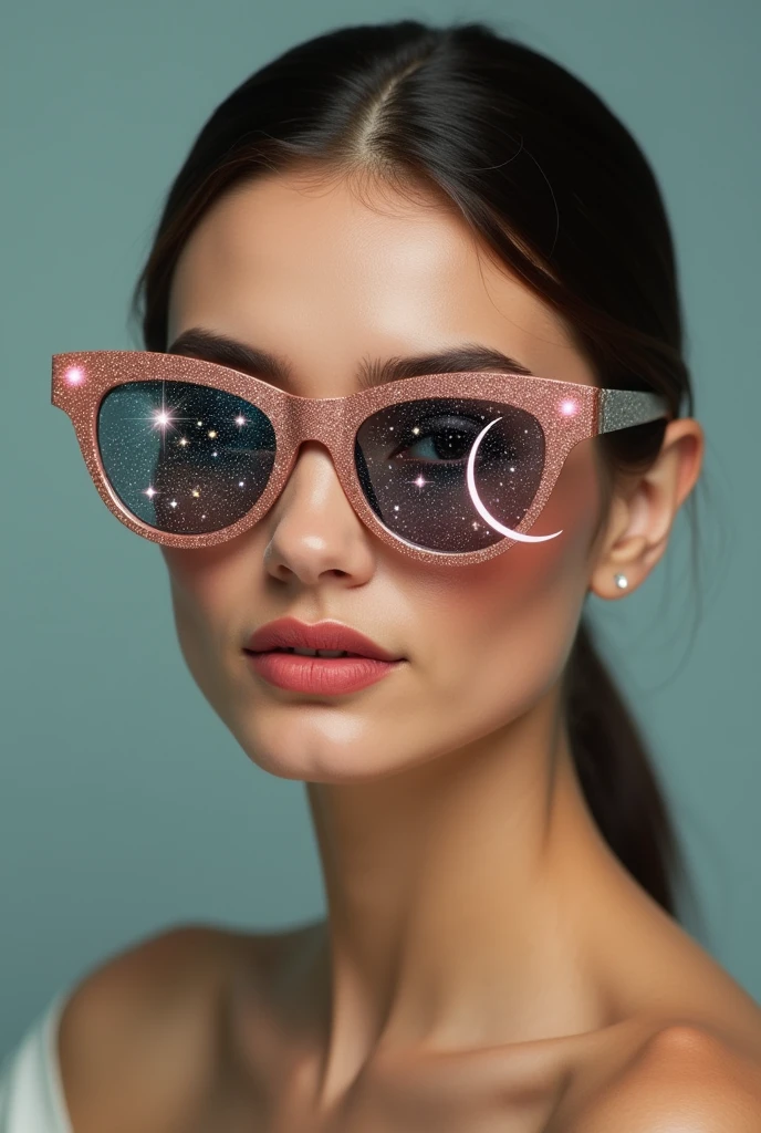 The model is wearing glass sunglasses with stars and the moon on the glass