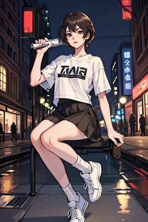 Highest quality、Ultra HD、One Woman、(Very short black hair 1.3)、(White T-shirt 1.3)、(White sneakers 1.1)、(Brown long skirt 1.1)、((Shooting a gun 1.2))、(White knee-high socks 1.2)、(Narrow eyes, boyish and well-proportioned face 1.2)、2 female、Toned body、(Evening city background 1.2)、((Clear and beautiful touch))