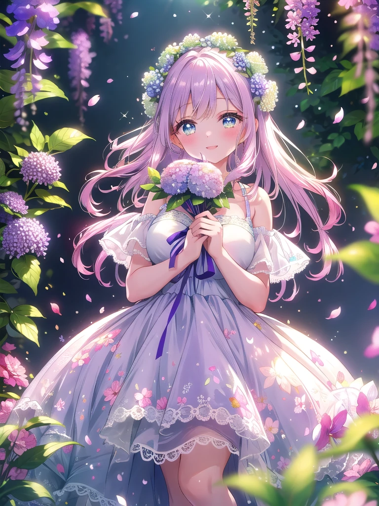 ((8k, Highest quality, masterpiece: 1.3)),Ultra-high resolution,(1 girl, alone), (Color changing eyes, Ultra-detailed, Expressive brilliance, Glitter, Glowing Eyes), Highly detailed eyes, Highly detailed face, Random Hair, ((pastel colour))Imagine a woman in a beautiful outdoor garden during a spring afternoon, surrounded by blooming cherry blossoms. She’s holding a grand bouquet overflowing with pastel pink roses, fluffy blue hydrangeas, and trailing wisteria, wrapped in delicate lace with a pastel ribbon. The bouquet is impressively large, with blooms that appear almost too heavy for her arms, creating a sense of abundant joy and beauty. She’s dressed in a light lavender sundress with a subtle floral print, flowing and elegant, perfect for a spring day. Her hair is styled in soft, loose waves, gently tousled by the breeze, adding to her relaxed and joyful appearance. She faces the camera, her smile broad and radiant, her eyes shining with happiness and delight. She holds the bouquet forward with both hands, leaning slightly into the gesture, her expression open and full of love. The background includes soft pink petals falling gently around her, lush green foliage, and a sun-dappled pathway, with light sparkles that enhance the ethereal and festive atmosphere of the garden setting.

