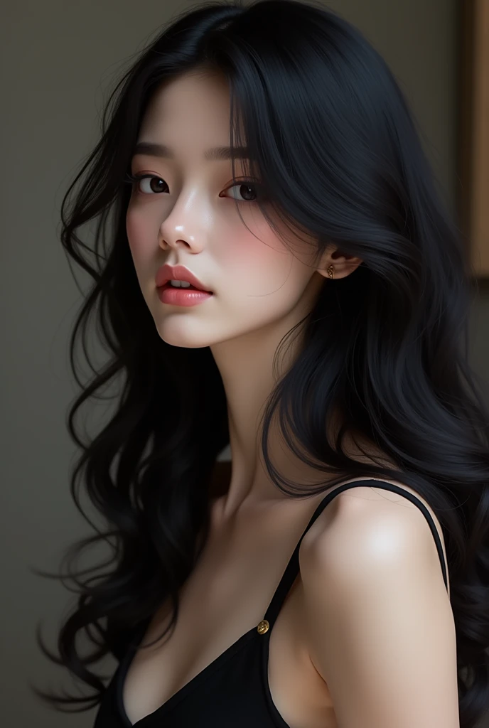 Black haired young female beauty with black long hair and a black short dress is modeling. She has her mouth slightly open