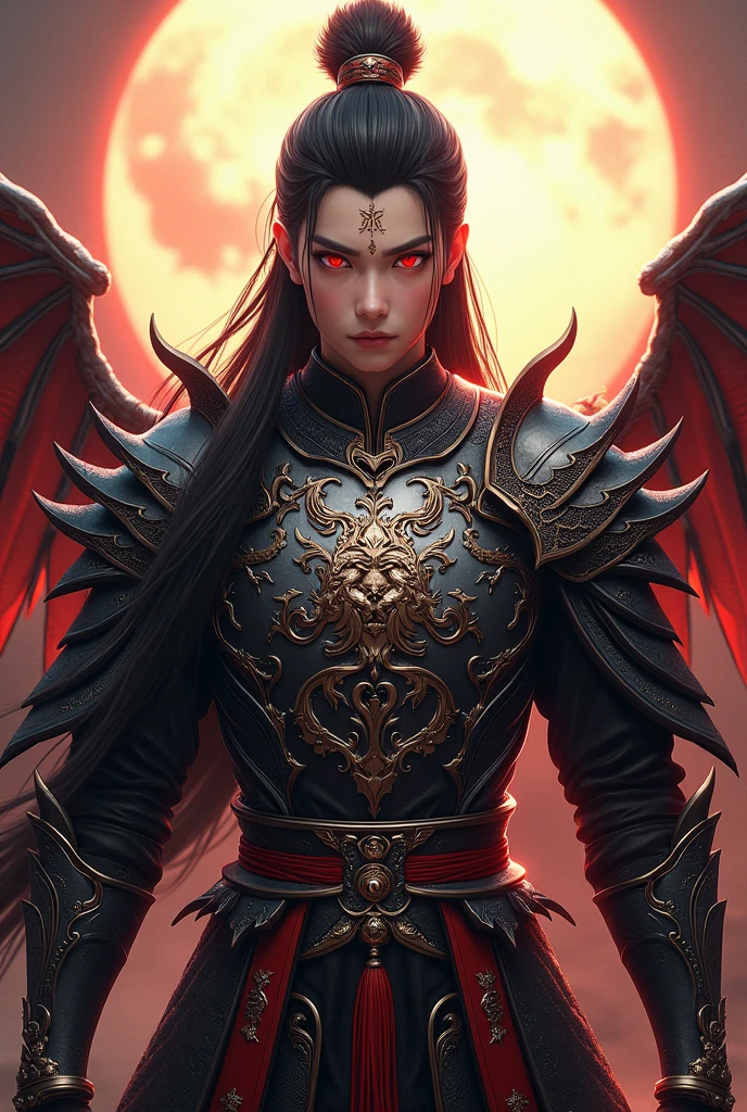 Handsome young xianxia protagonist,Chinese handsome,clear face detailed,perfect lighting,guy,man,long black obsidian hair, Crimson red eyes combination ,and long black tint hair,and the golden rune motiv engraved on his forehead,use armour featuring like God of evil with black and silver dominant color,pauldron protective shape like dragon head,breastplate featuring like qiongqi four perils Chinese beast((search reference for 4 perils Chinese beast qiongqi)),breastplate detailed emperor dragon head shape,shoulder protective dragon shape like head red and blue,sun and moon and circling at the background,ultra detail,the tassel of the armour like river of galaxy, combination of black and red dominant color,darkest red dominant color, Crimson dark red dominant color armour,with majestic silver line ,held halberd of abyss,halberd extreme detailed, And demonic wings at back,demonic wings at back,terrifying aura around,24K ultra hd,face and eyes detail,lips and face detail,masterpiece ,better quality