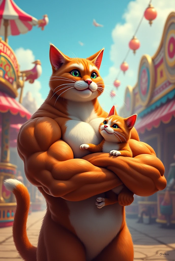 Ik bodybuilder cat Apne bacche ko haanth me pakre hua mela me jhule ki or dekh rha h haste hua