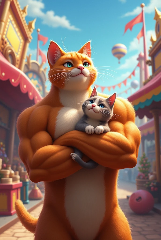 Ik bodybuilder cat Apne bacche ko haanth me pakre hua mela me jhule ki or dekh rha h haste hua
