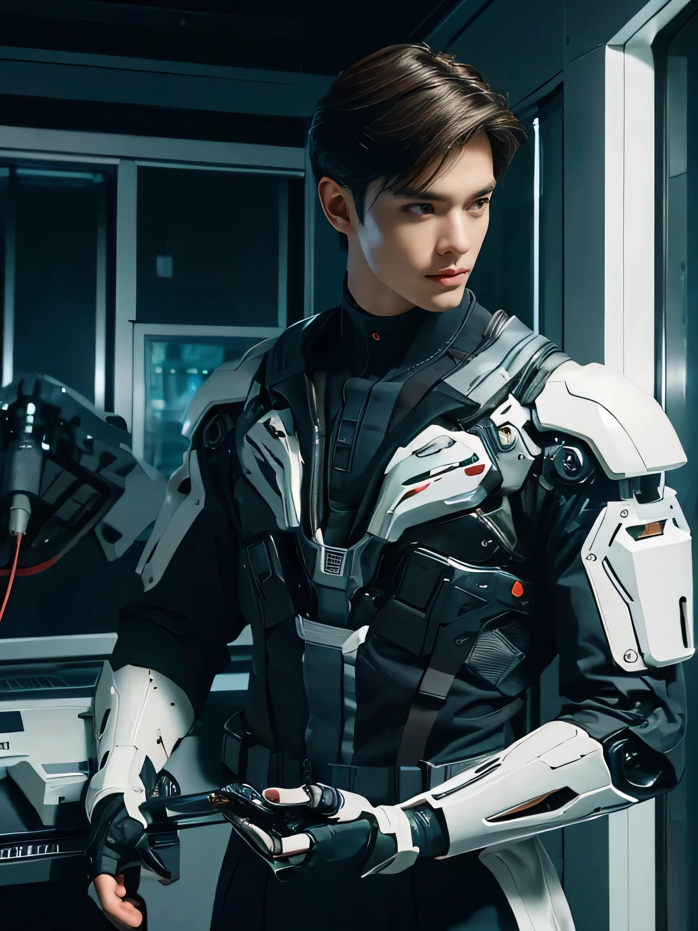 {{Young doctor holding a scalpel in one hand to perform surgery on a patient in the hospital operating room，best quality, 1080P, masterpiece, Ultra-high resolution, Reality, Hyper-Reality, Realistic skin texture, Ultimate skin detail, digital SLR camera, Exquisite eyes, Facing the camera, very handsome face, Simple facial structure, Pale skin, Realistic skin texture, Ultimate skin detail, oc render reflection texture, Realistic light and shadow, Single image, solitary, Brown hair, fit、balance., 20 years old, Height 165cm, boy, Wearing male nurse uniform with transparent futuristic white and blue glass mecha suit, Circuit stuck in the middle of the back., Perfect robotic arm, Half-length photo, Half-length photo.}}