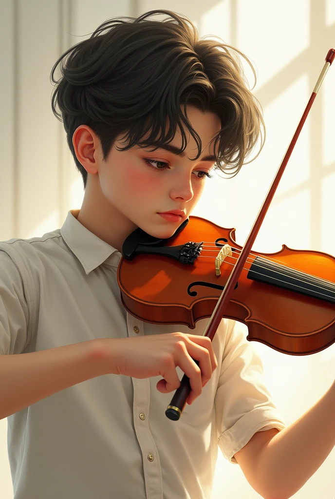 Drawing of a young man with a book cut and big eyes playing the violin
