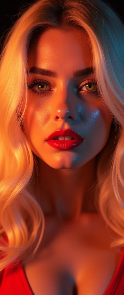 Karina Kapoor sexy face makeup face blonde hair neon yellow eyes red lips glossy lips