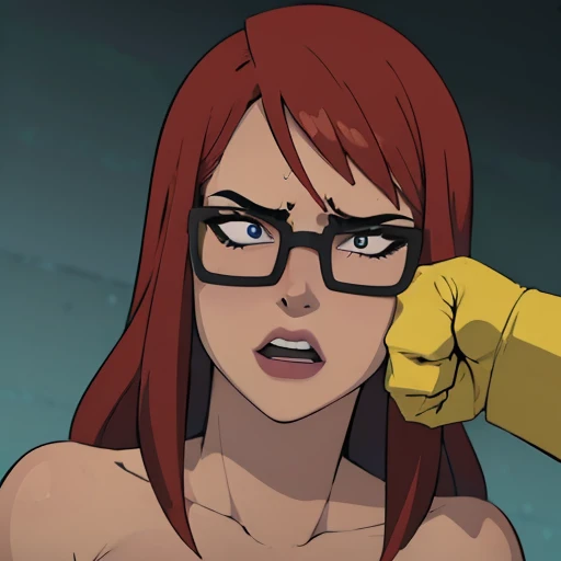 starfire, green eyes, red hair, naked, fishnnet thighhighs, fishnet long gloves, g-string, blowjob, side view, slim, street, public, espectators, people, fat man, forced, concert