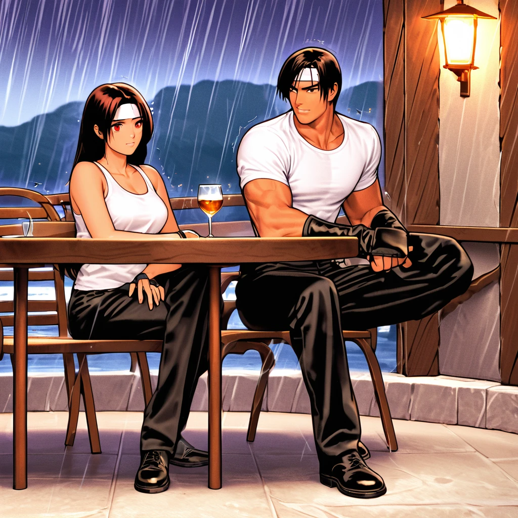 A stunning couple promenades along the iconic Promenade des Anglais in France, under a rainy sky with palm trees swaying gently. The man and woman, both with dark skin, are dressed to impress: he dons a black leather jacket with rolled-up arms, fingerless gloves, white T-shirt, and black pants, while she sports a white headband, black hair, and a white tank top with black pants and high-top shoes. They sit cross-legged on the outdoor dining area's edge, sharing a romantic moment as they sip brandy from rocks glasses. His handsome face exudes charm, his red eyes gleaming with love. Her concerned expression belies her surprise, her leg subtly trembling at the rain. The fine grain of their skin and hair is captured in high resolution, making this masterpiece an intimate and detailed portrayal of their love.