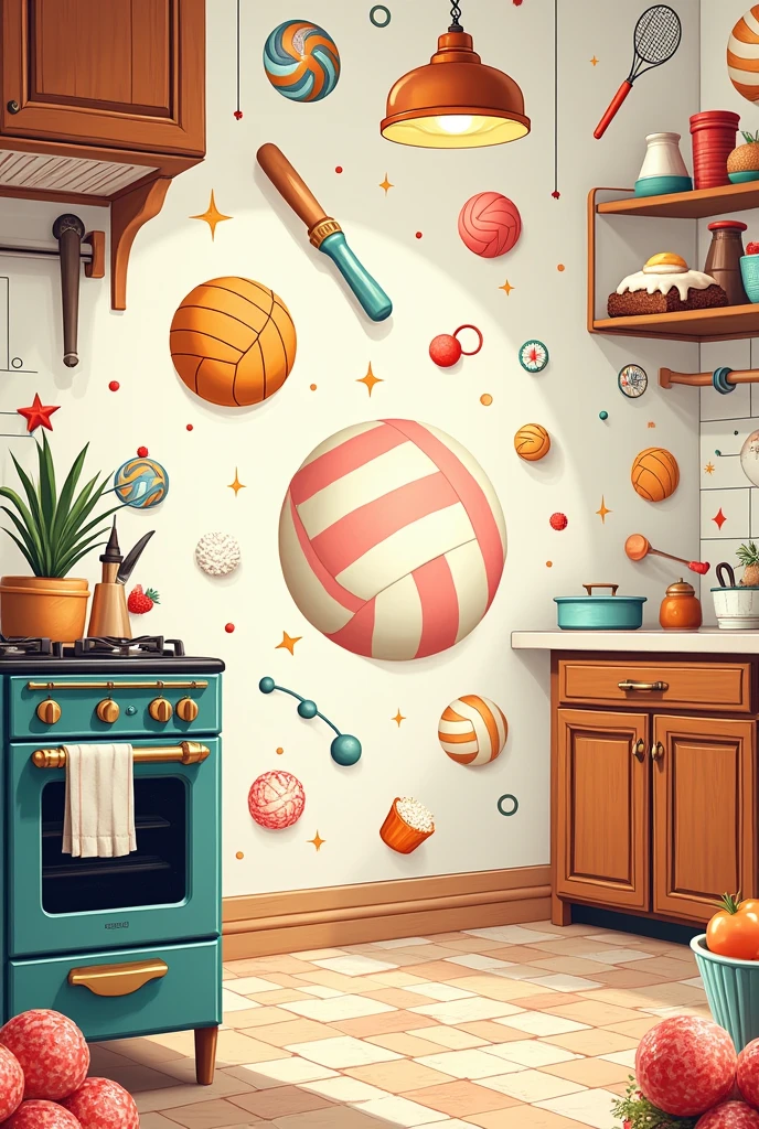 You can create a wallpaper for someone who loves baking, the kitchen and volleyball I want you to include images of all that, I don't want a person, I want a fund