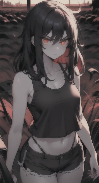 Glowing red eyes, malicious world eater, messy hair, glaring at viewer, field, tank top, shorts,