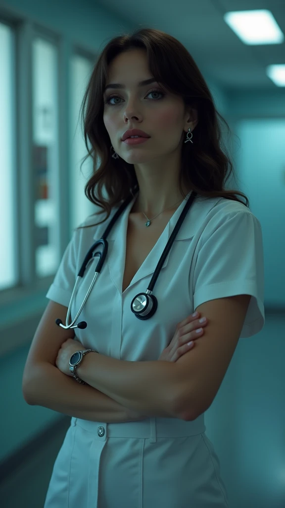 ((masterpiece, best quality)), beautiful 40-year-old Pakistani woman (Chloe Grace Moretz:Milla Jovovich:0.5), (brown-black hair, bob hairstyle, square face), (medium breasts), (strong athletic body), (natural skin), legs, (tight nurse uniform:1.3), cleavage, (seductive expression:1.2), jewelry, dynamic, various poses, hospital ward background, (UHD, 8K wallpaper, High resolution), Cinematic lighting, award-winning, extremely detailed skin, extra detailed face, high detail eyes, photo-realistic, Zeiss 85 mm F/1.4, by Ellen von Unwerth