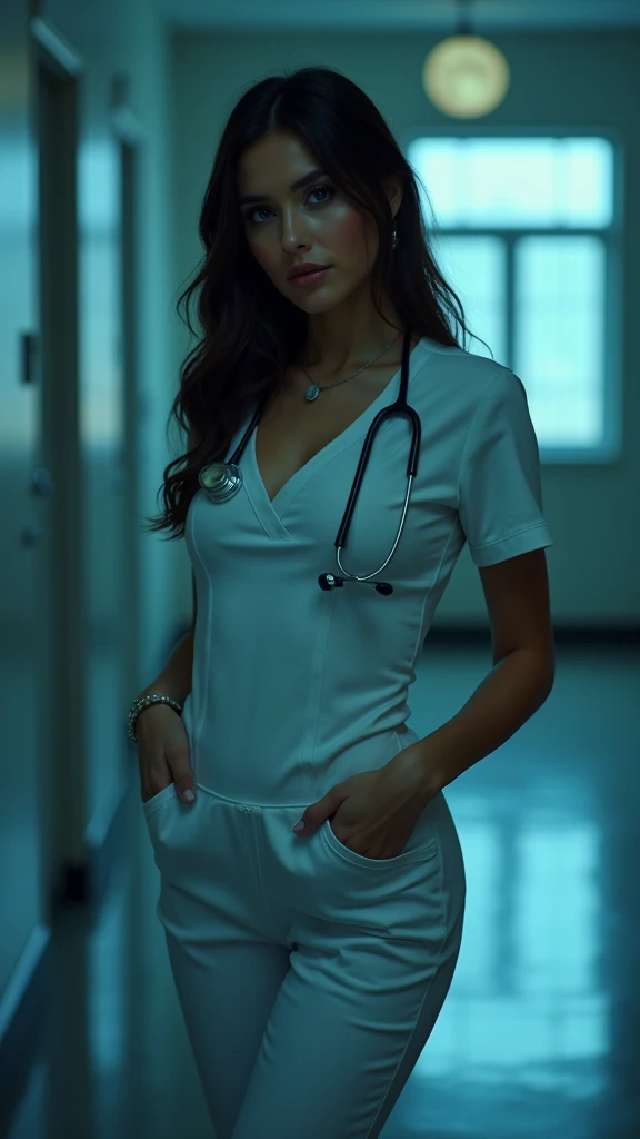 (32K:1.9, Highest quality, masterpiece, Ultra-high resolution), Professional camera work:1.3, Very detailedな肌と顔の質感:1.3, Always accurate, Very detailed, ((25 Talents, nurse, A dark room in a large hospital:1.4, The moonlight at night illuminates the room:1.2)), (Burstingly Big Breasts, Tight white nurse uniform:1.3, Incredibly slim body), Fair skin, elegant, sense of cleanliness, Sensual pose, (Big eyes that exude beautiful eroticism:0.4, A shy smile:1.0, I love you with all my heart:0.8, Open your mouth a little, lipstick, Feel the beautiful eroticism:0.9), (Dark brown medium hair), Stethoscope, Earrings, necklace, bracelet, (romantic, mysterious), Object of admiration, original, dramatic, artistic, Innovative, charm, Heartful, Fancy, sense of openness, special, exciting, Extreme, Tilt, sense of loss, sorrow, sorrowの表現, ((若さのcharm, 女性的なcharm))