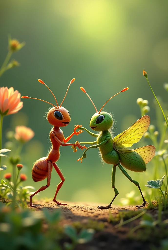 A ant dancing with a grasshopper 