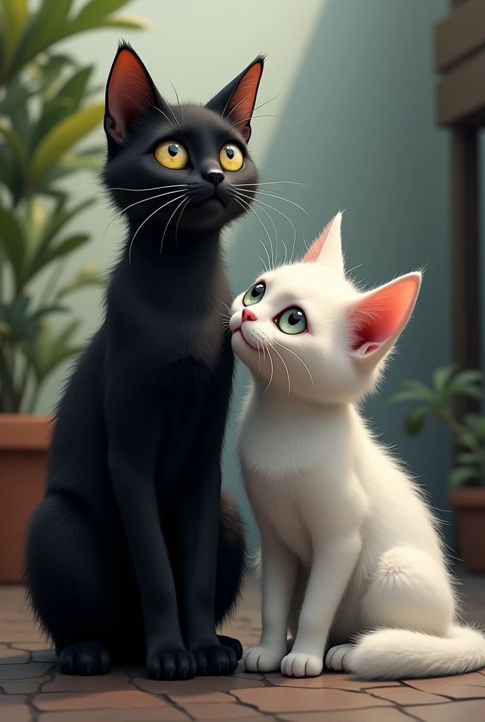 Tall skinny teenage black cat with straight hair and short skinny teenage white cat with curly hair