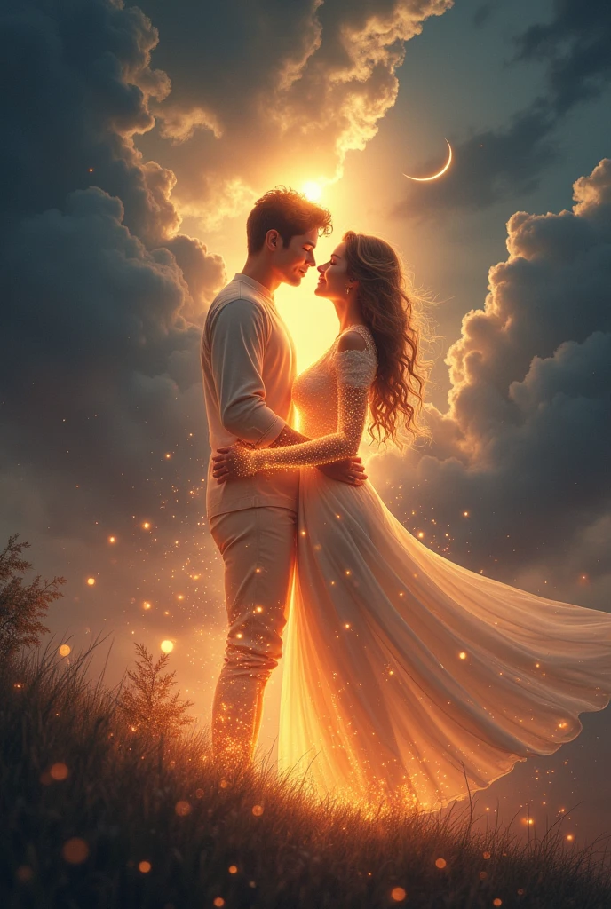 You radiate like sun infusing, hope into my everyday 
I glean as a star 
Dimming your darkness away, 
Confornting stroms side by side 
Locked iin each other's graze, 
Strolling hand in hand 
We'll shine for each other together forever and always like twilight's everlasting embrace
Image should be imaginary 