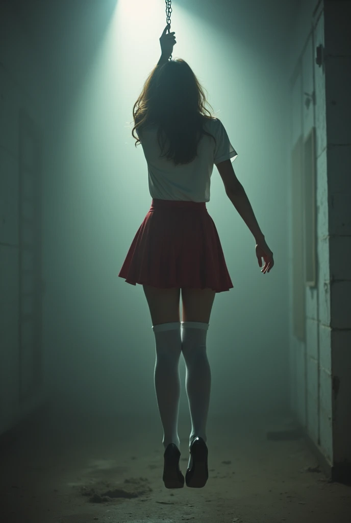 Scene of female student wearing white thigh high socks being hanged to death ,hovering in the air