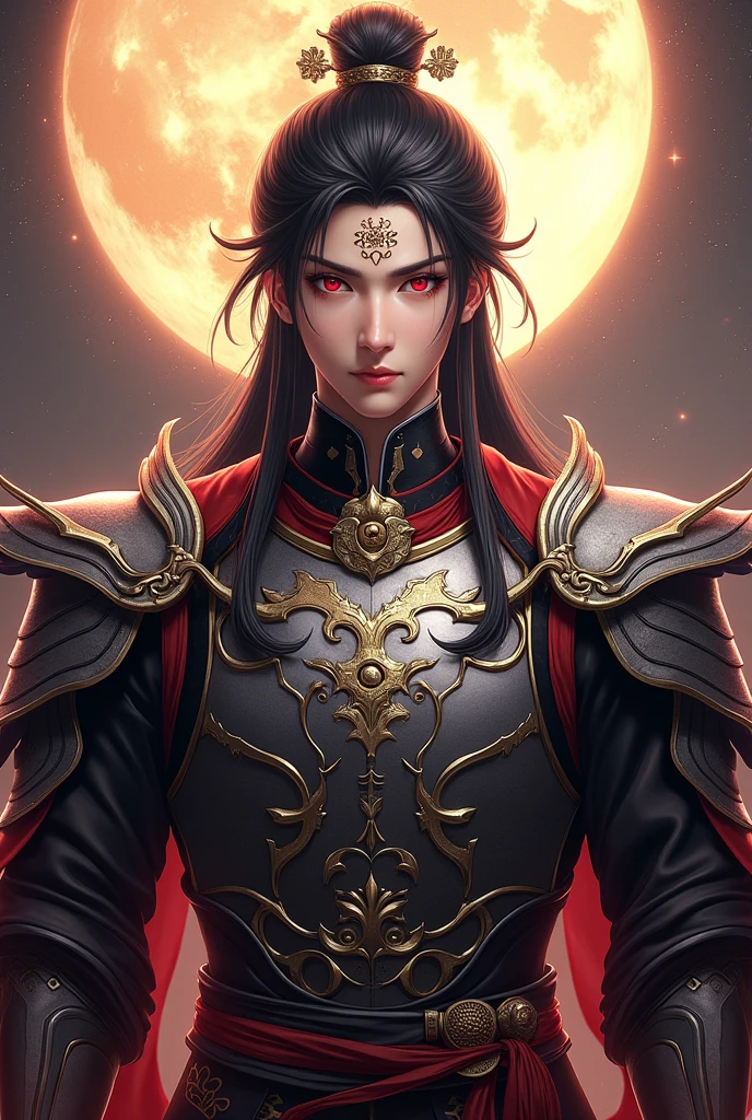 Handsome young xianxia protagonist,Chinese handsome,clear face detailed,perfect lighting,guy,man,long black obsidian hair, Crimson red eyes combination ,and long black tint hair,and the golden rune motiv engraved on his forehead,use armour featuring like God of evil with black and silver dominant color,pauldron protective shape like dragon head,breastplate featuring like qiongqi four perils Chinese beast((search reference for 4 perils Chinese beast qiongqi)),breastplate detailed emperor dragon head shape,shoulder protective dragon shape like head red and blue,sun and moon and circling at the background,ultra detail,the tassel of the armour like river of galaxy, combination of black and red dominant color,darkest red dominant color, Crimson dark red dominant color armour,with majestic silver line ,held halberd of abyss,halberd extreme detailed, And demonic wings at back,demonic wings at back,terrifying aura around,24K ultra hd,face and eyes detail,lips and face detail,masterpiece ,better quality