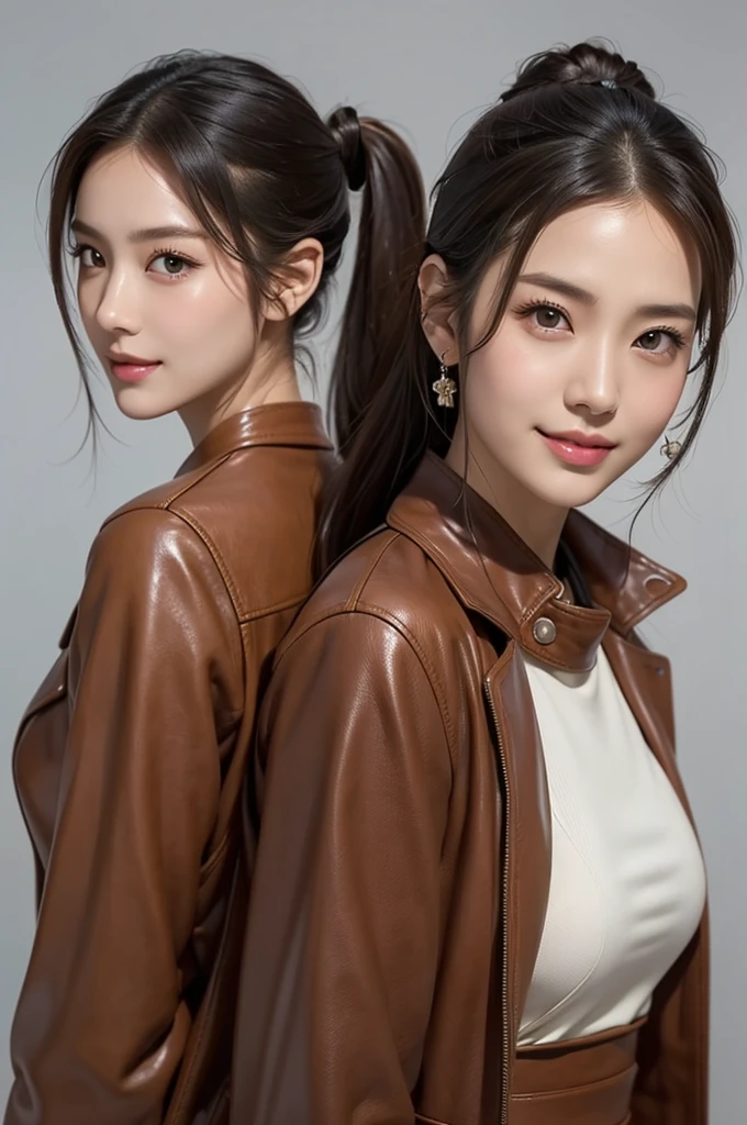 upscale、4K、Masterpiece:1.3)、Beautiful woman、1 female、(breastplate、Attractive body:1.2)、abdomen:1.1、Dark Brown Hair:1.1、(whole body:1.2)、Ultra-detailed face、Exquisite lips、A sophisticated eye、double eyelid、Filmed in a highly realistic and detailed studio、Wearing a brown leather jacket and leather pants、Japanese women、20th Generation(2)、Cute smile、Ponytail Hairstyles、Lupin III、Fujiko Mine Style、