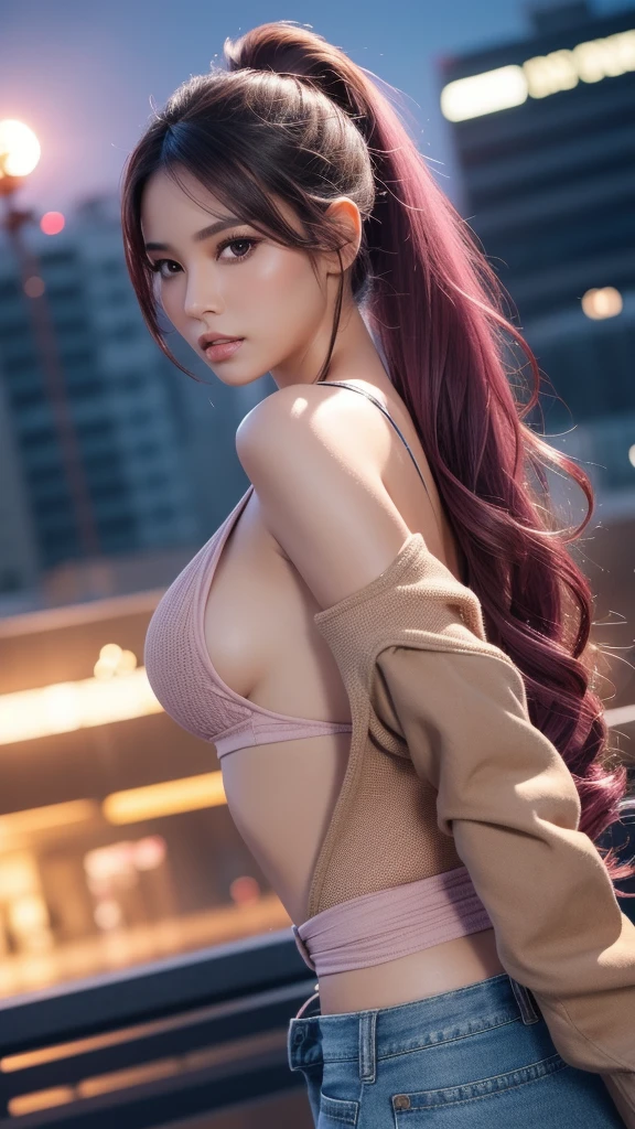 1 girl, beautiful girl, alluring. (Perfect body : 1.1), (short wavy hair:1.2, dark brown hair, Pink and blue mesh hair, Thin mesh), ((Full body shot)), (over-sized Jacket, denim beige pants), (Sweat), (Very detailed CG 8k wallpaper), (extremely delicate and beautiful), (masterpiece), (Best Quality:1.0), (超A high resolution:1.0), (realisitic), 2 girl. beautiful lightning ,Perfect Lightning, Realistic Shadows, (High resolution), Detailed skin, Ultra-detailed, Slim body), (Beautiful hair, Real Hair, detailed hairs, High Ponytail), Fine Collarbone, Beautiful breasts, blush, Photorealistic, Realistic face, Realistic eyes, Small eyes, serious face, (eye liner), (mascara), (eye shadow), Looking back, angle from below back, futuristic city, night.