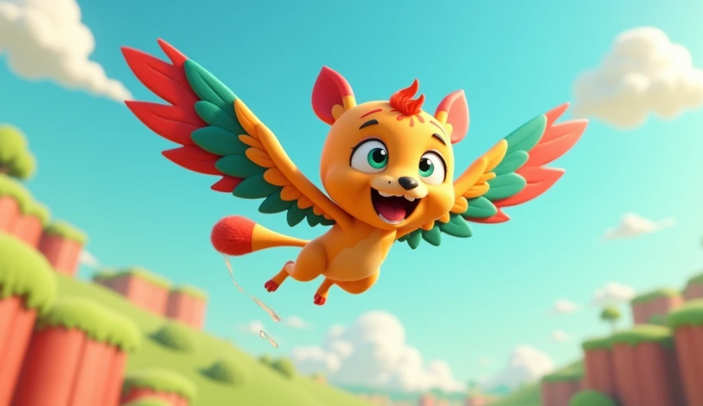3d cartoon anime ;  Kiko took another deep breath. She flapped her wings and lifted herself higher, determined to make Sam proud.!”