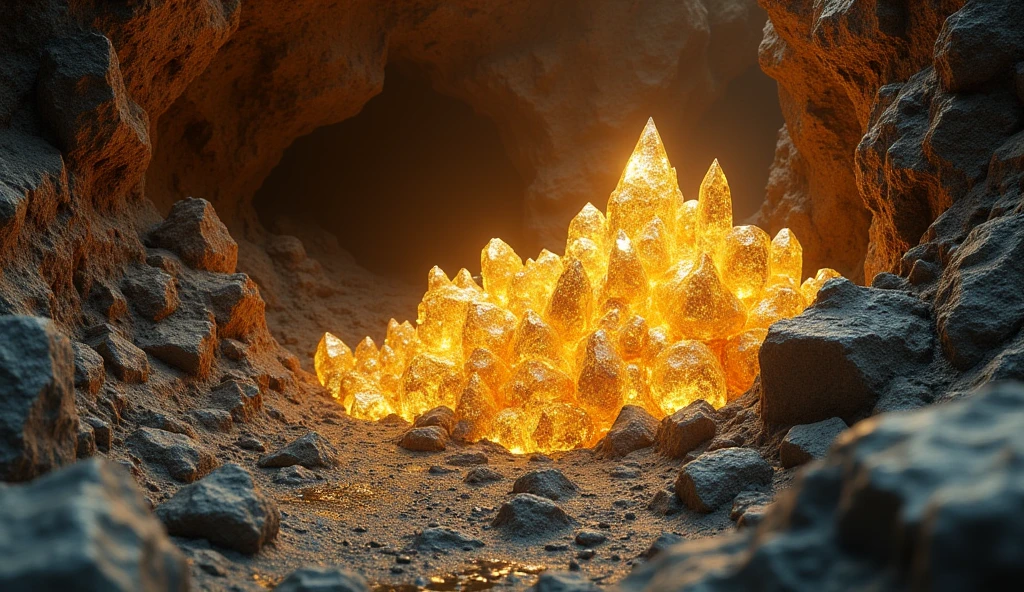 There are large pieces of gold and various crystal ores under the rocky ground.(best quality,4K,8k,High level,masterpiece:1.2),Ultra Detailed,(lifelike,Photo real,Photo real:1.37)