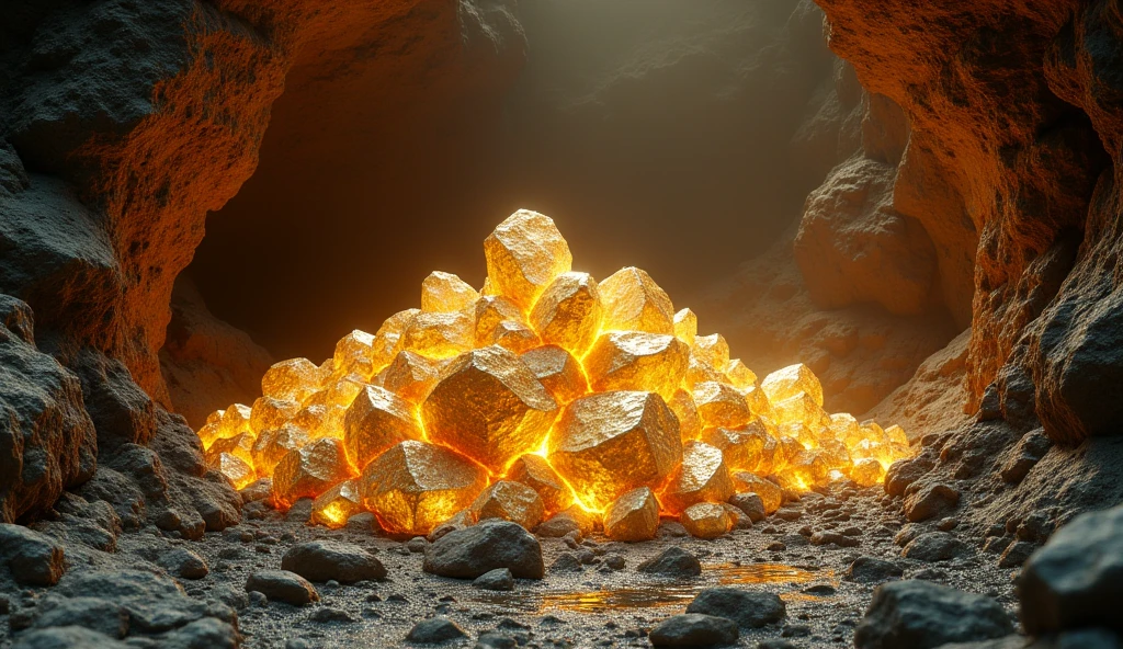 There are large pieces of gold and various crystal ores under the rocky ground.（best quality，4K，8k，High level，masterpiece：1.2），Ultra Detailed，（lifelike，Photo real，Photo real：1.37）