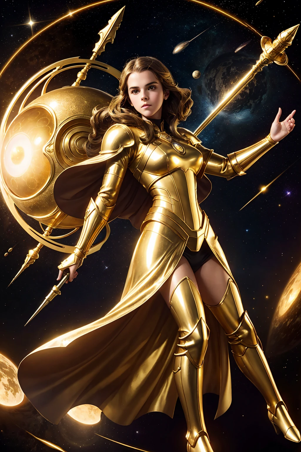 vintage scifi. vintage. EmmaWatson figure with a beautiful face floating in space, surrounded by few golden spheres, gold-and-white armor-like outfit. golden boots. holding a large, gleaming spear.
dark background few golden spheres. The figure's pose, with their head tilted back, beautiful face.
