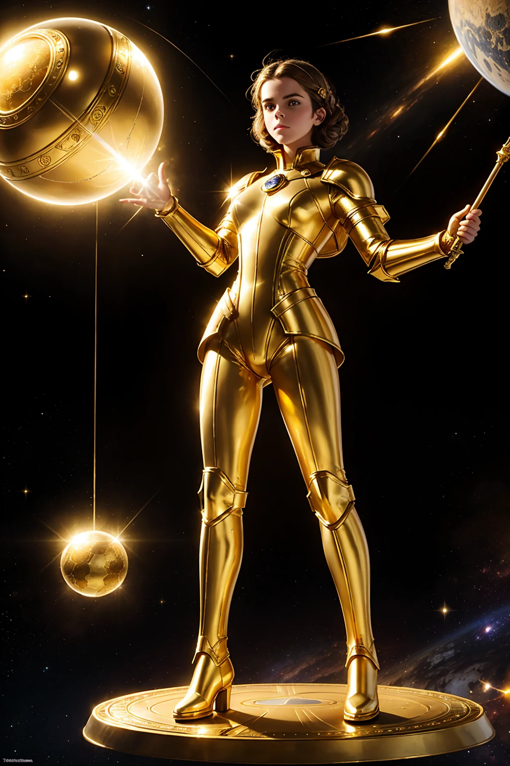 vintage scifi. vintage. teenEmmaWatson figure with a beautiful face floating in space, surrounded by few golden spheres, gold-and-white armor-like outfit. golden boots. holding a large, gleaming spear.
dark background few golden spheres. The figure's pose, with their head tilted back, beautiful face.