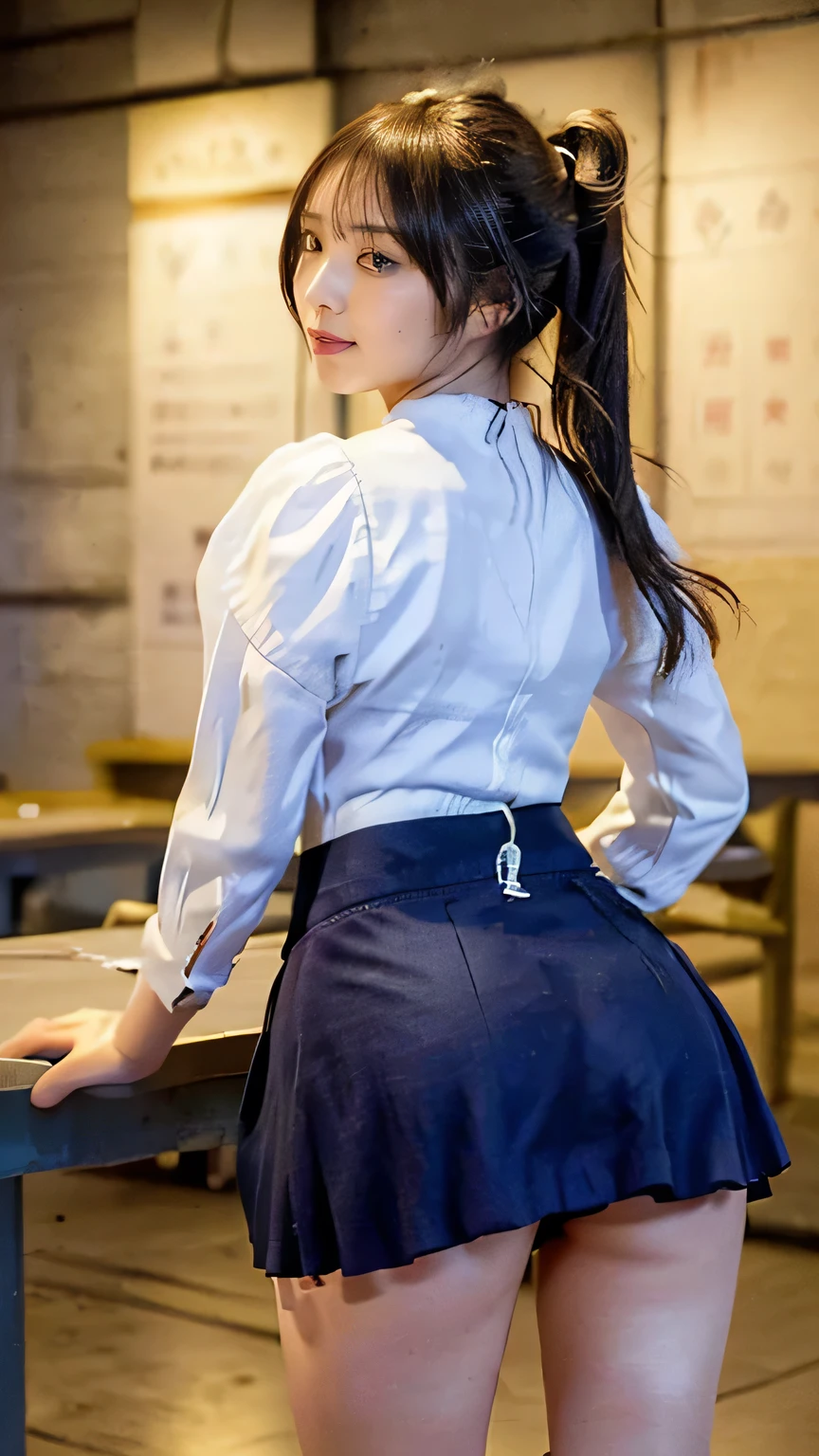 ((Highest quality、masterpiece、、Best image quality、Ultra-high resolution、Award-winning works)、(White blouse、Navy blue mini skirt:1.8)、(Accurate anatomy:1.1)、(classroom:1.2)、blue sky、((Rear View、Show me your ass:1.8))、(Look back at me and smile:1.1)、smile:1.8、Ultra-high resolution for bright and fair skin、The most detailed face、Ultra-high resolution detailed face、Ultra-high resolutionの髪の毛、ponytail、Ultra-high resolutionの煌めく瞳、Beautiful face drawn in every detail、(Blurred Background:1.1)、very bright and vivid、beautiful japanese actress face、Dimly lit classroom:1.1)、((whole body:1.6))、Beautiful breasts
