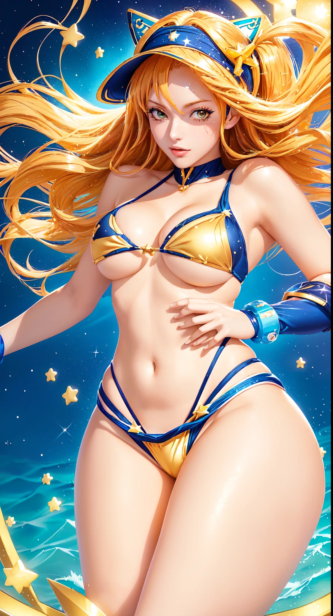 sailor girl in a bikini and hat with stars in the background, nami one piece, nami from one piece, nami, asuka suit under clothes!, lovely brigitte from overwatch, sexy-s 100, the sailor galaxia. beautiful, beautiful portrait of nami, miss fortune, glamorous angewoman digimon, full body zenkai! asuka suit