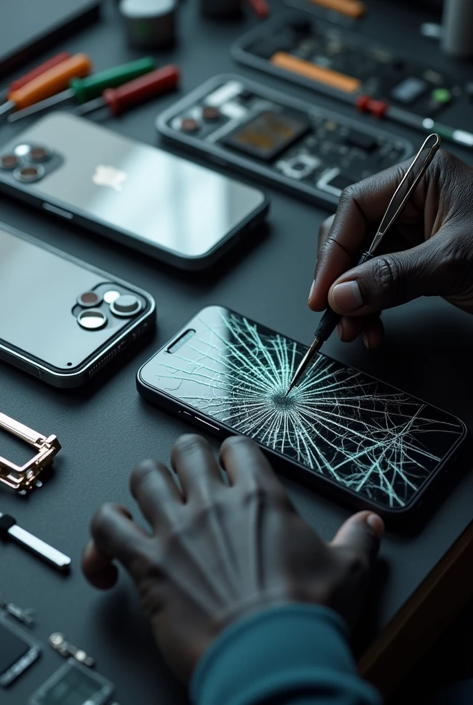 Generate realistic images of black hands holding equipment for fixing broken glass on iPhone 15 on table surrounding with other iphones and make other on and other show other problem and show tools for fixing make more seem professional
