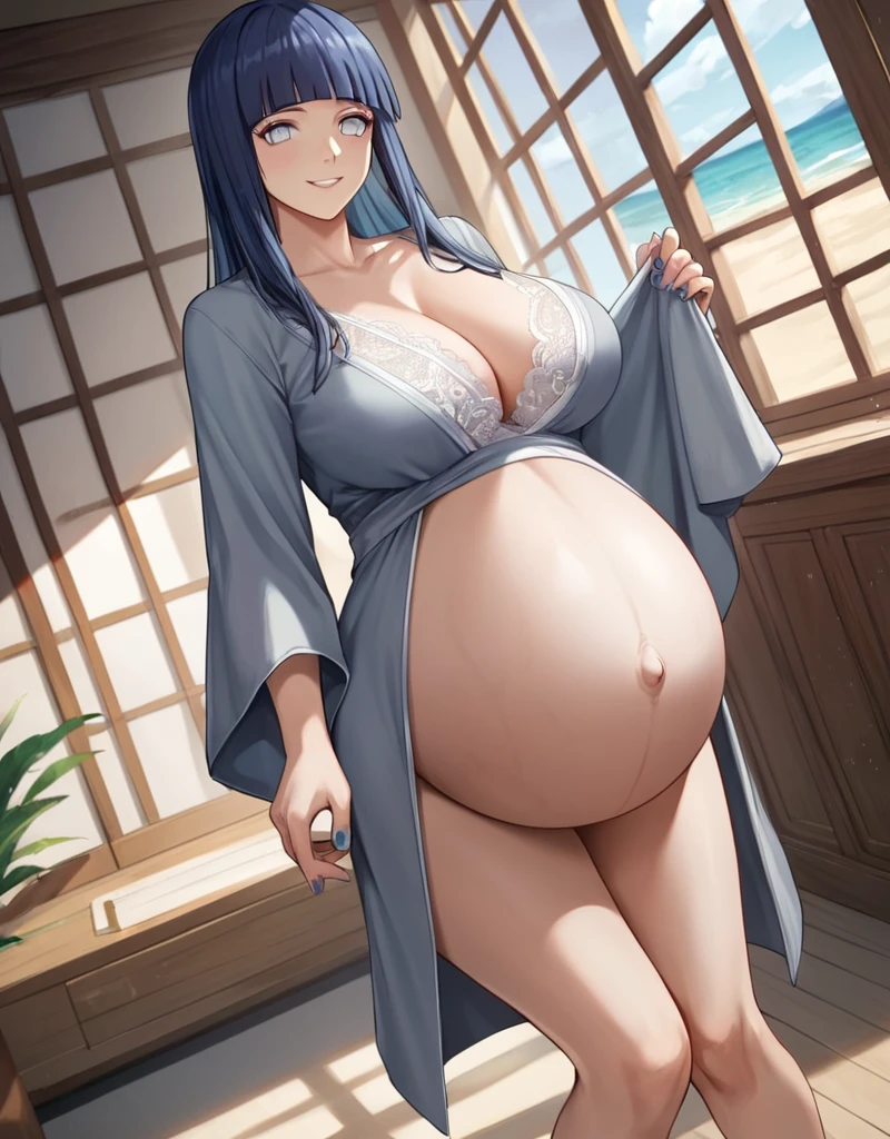 HYUUGAHIN, LIGHT GRAY TOP, "BLACK LONG HAIR", BLUE EYES, 1GIRL, BLUNT BANGS, score_9, score_8_up, score_7_up, source_anime,
Hinata Hyuga, Naruto: The Last, long indigo hair, straight hair, soft bangs, pale lavender eyes, mature, refined, elegant,
high-quality, ultra-detailed, beast quality, 8K resolution, anime style, beach,
looking at viewer, dutch angle, cowboy shot, smile, pregnant belly, large belly, big belly, big Breasts, belly button, lace robe, maternity robe, shorts,
1girl,solo, indoors, happy, Smiling, rub belly,
full body, Nail polish,