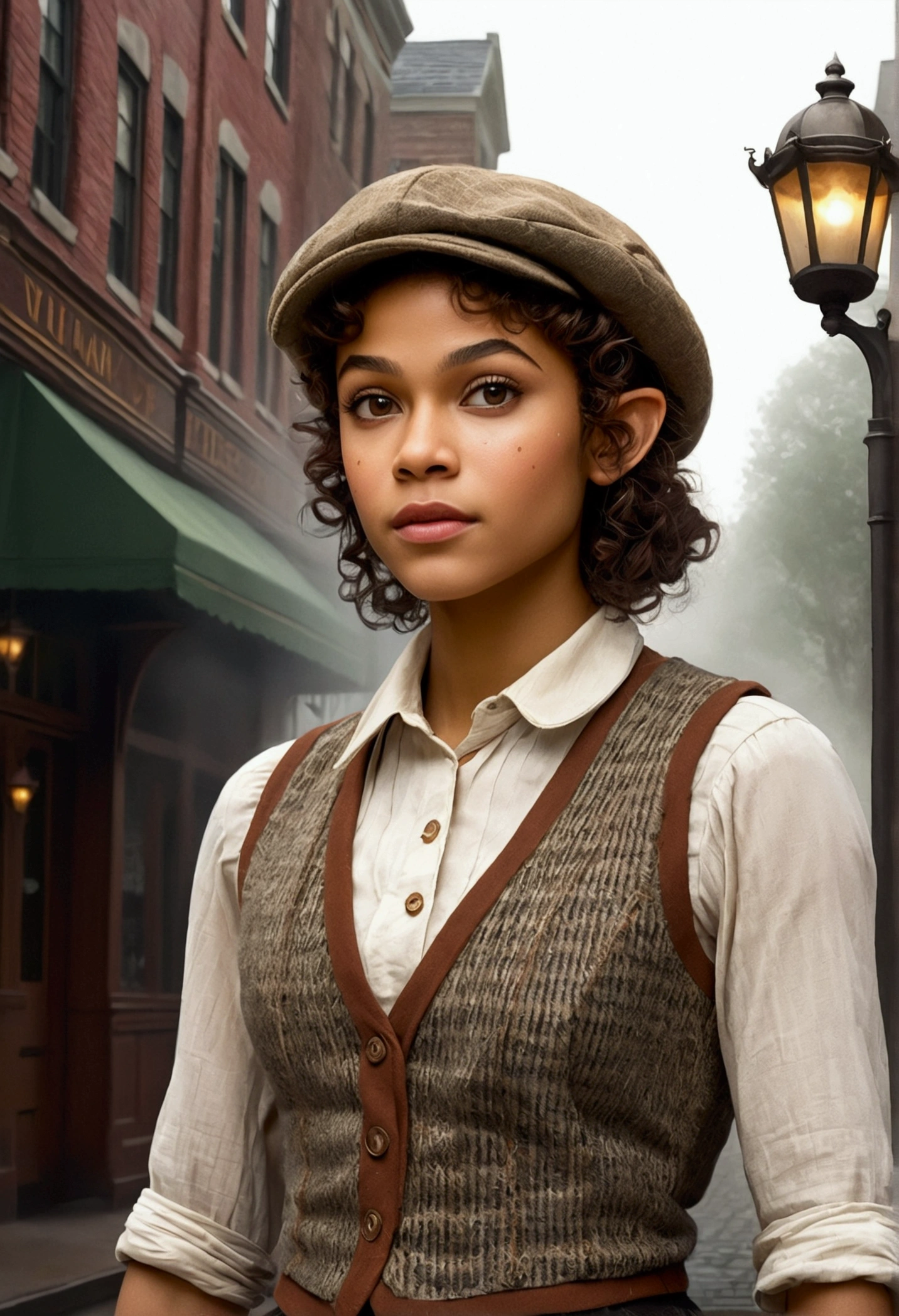 An illustrated movie poster, hand-drawn, full color, an elven maiden, wearing a tweed vest and a newsie cap, tall, toned, amazonian stature, athletic hourglass figure, long pointy elf ears, amber eyes, dark hair, curly bob cut, warm almond skintone, freckles, resembles Zendaya, standing on a foggy Victorian-era street corner, graphite shading, stencil marks, airbrushed acrylic paint, masterpiece, elf ears