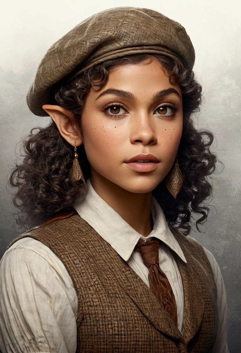 An illustrated movie poster, hand-drawn, full color, an elven maiden, wearing a tweed vest and a newsie cap, tall, toned, amazonian stature, athletic hourglass figure, long pointy elf ears, amber eyes, dark hair, curly bob cut, warm almond skintone, freckles, resembles Zendaya, standing on a foggy Victorian-era street corner, graphite shading, stencil marks, airbrushed acrylic paint, masterpiece, elf ears