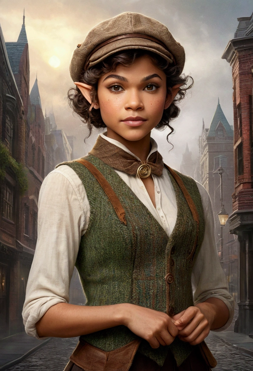 An illustrated movie poster, hand-drawn, full color, an elven maiden, wearing a tweed vest and a newsie cap, tall, toned, amazonian stature, athletic hourglass figure, long pointy elf ears, amber eyes, dark hair, curly bob cut, warm almond skintone, freckles, resembles Zendaya, standing on a foggy Victorian-era street corner, graphite shading, stencil marks, airbrushed acrylic paint, masterpiece, elf ears