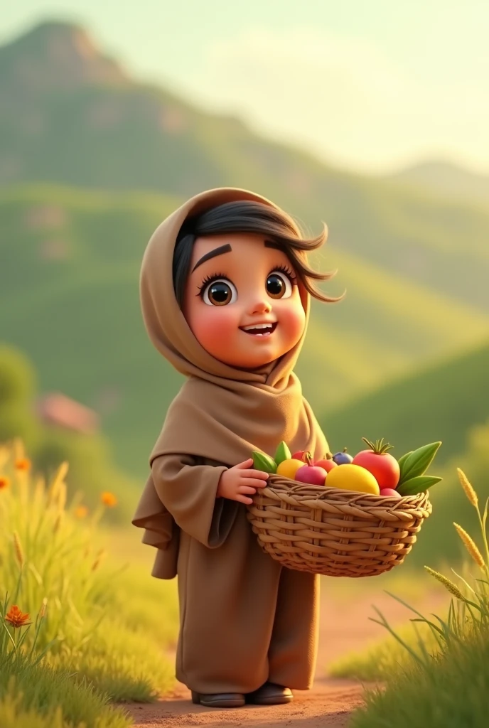 Prompt: Amina, with a joyful expression, looks up towards the sky in gratitude, thanking Allah. The image also shows her carrying the basket of fruits, heading back to her village.small girl 3D animated cartoon