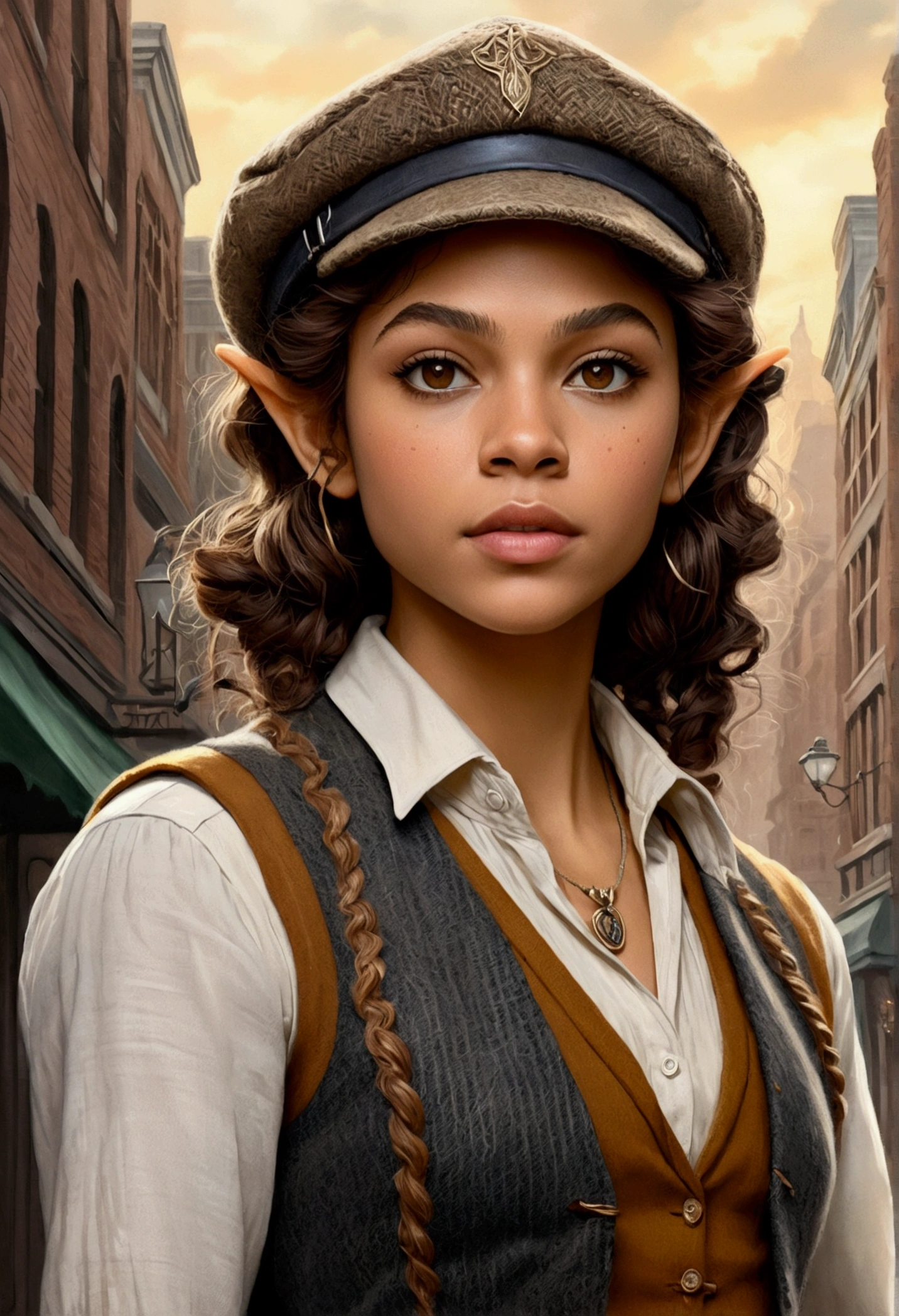An illustrated movie poster, hand-drawn, full color, an elven maiden, wearing a tweed vest and a newsie cap, tall, toned, amazonian stature, athletic hourglass figure, long pointy elf ears, amber eyes, dark hair, curly bob cut, warm almond skintone, freckles, resembles Zendaya, standing on a foggy Victorian-era street corner, graphite shading, stencil marks, airbrushed acrylic paint, masterpiece, elf ears