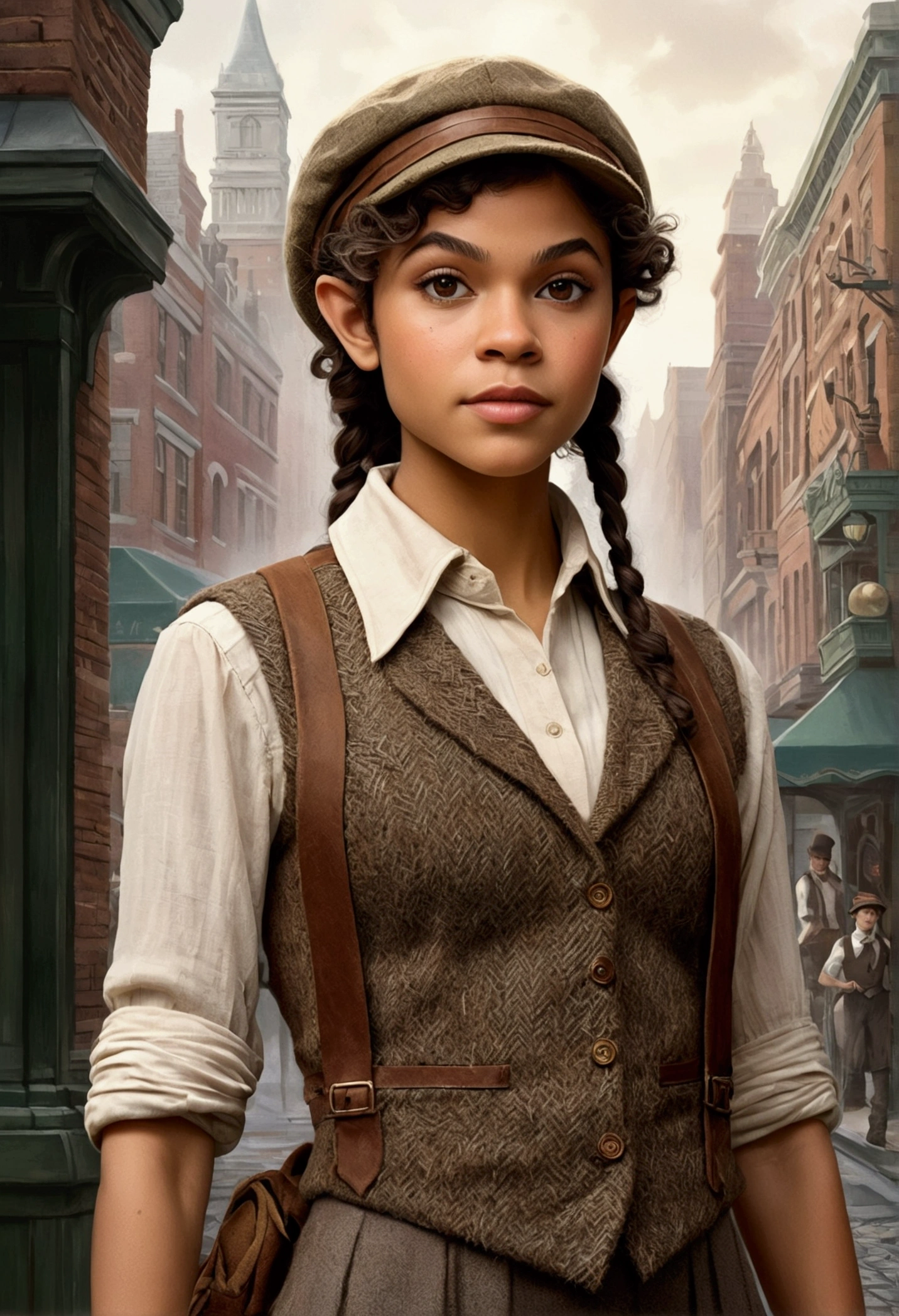 An illustrated movie poster, hand-drawn, full color, an elven maiden, wearing a tweed vest and a newsie cap, tall, toned, amazonian stature, athletic hourglass figure, long pointy elf ears, amber eyes, dark hair, curly bob cut, warm almond skintone, freckles, resembles Zendaya, standing on a foggy Victorian-era street corner, graphite shading, stencil marks, airbrushed acrylic paint, masterpiece, elf ears