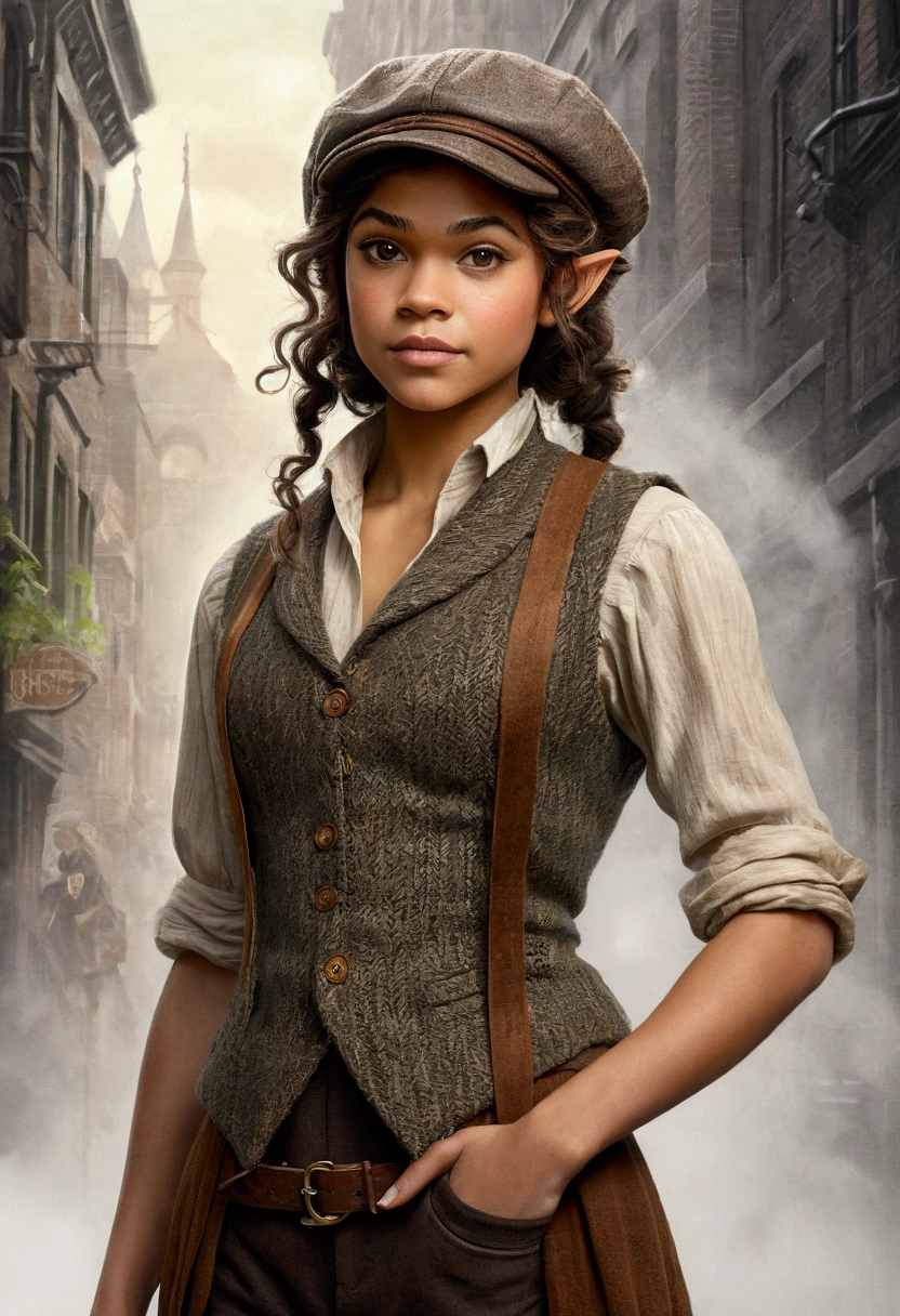 An illustrated movie poster, hand-drawn, full color, an elven maiden, wearing a tweed vest and a newsie cap, tall, toned, amazonian stature, athletic hourglass figure, long pointy elf ears, amber eyes, dark hair, curly bob cut, warm almond skintone, freckles, resembles Zendaya, standing on a foggy Victorian-era street corner, graphite shading, stencil marks, airbrushed acrylic paint, masterpiece, elf ears