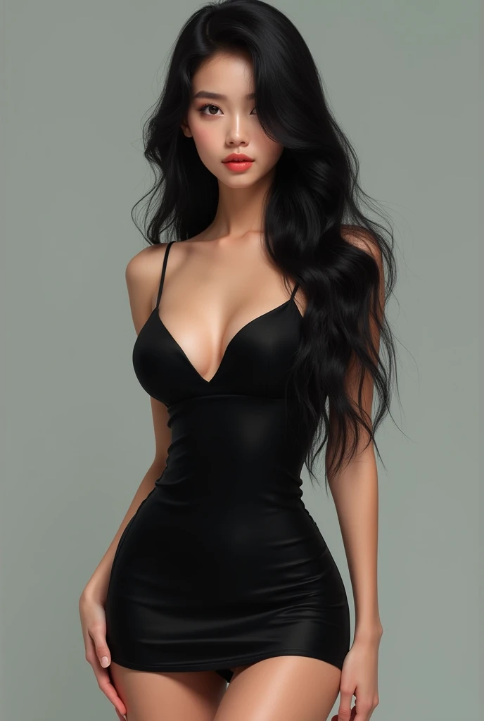 Black haired young female beauty with black long hair and a black short dress is modeling. She has her mouth slightly open. Photorealistic. The whole body is visible