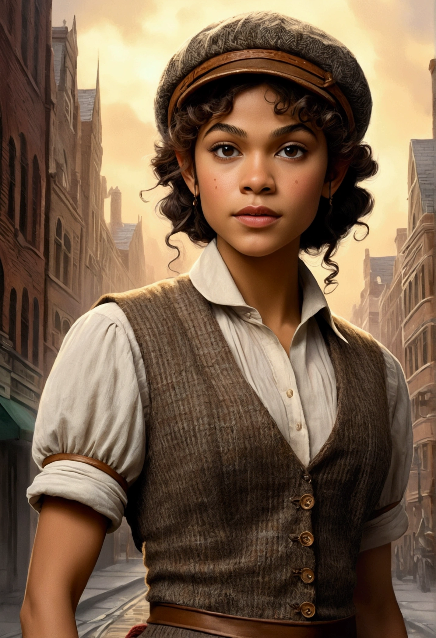 An illustrated movie poster, hand-drawn, full color, an elven maiden, wearing a tweed vest and a newsie cap, tall, toned, amazonian stature, athletic hourglass figure, long pointy elf ears, amber eyes, dark hair, curly bob cut, warm almond skintone, freckles, resembles Zendaya, standing on a foggy Victorian-era street corner, graphite shading, stencil marks, airbrushed acrylic paint, masterpiece, elf ears