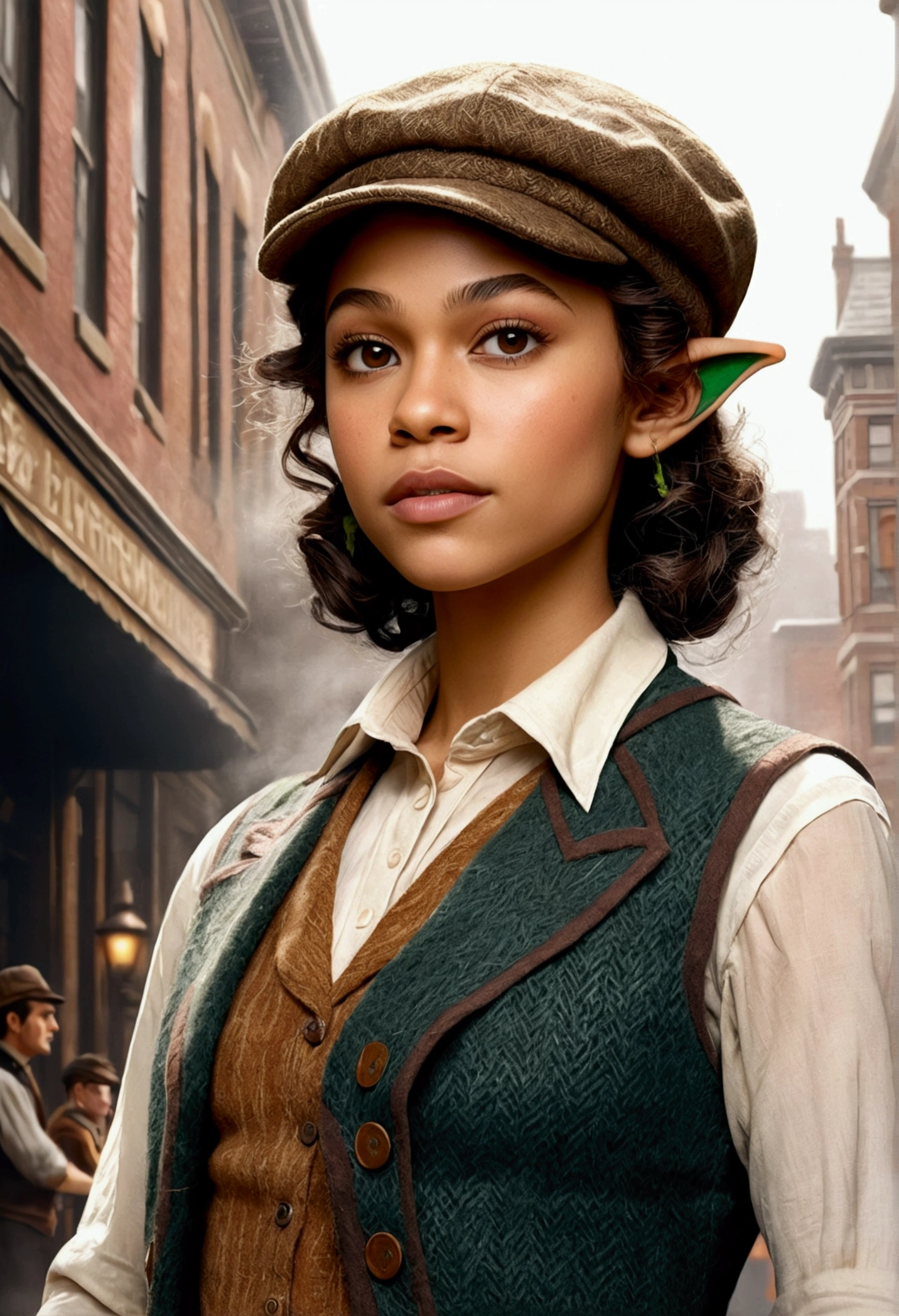 An illustrated movie poster, hand-drawn, full color, an elven maiden, wearing a tweed vest and a newsie cap, tall, toned, amazonian stature, athletic hourglass figure, long pointy elf ears, amber eyes, dark hair, curly bob cut, warm almond skintone, freckles, resembles Zendaya, standing on a foggy Victorian-era street corner, graphite shading, stencil marks, airbrushed acrylic paint, masterpiece, elf ears