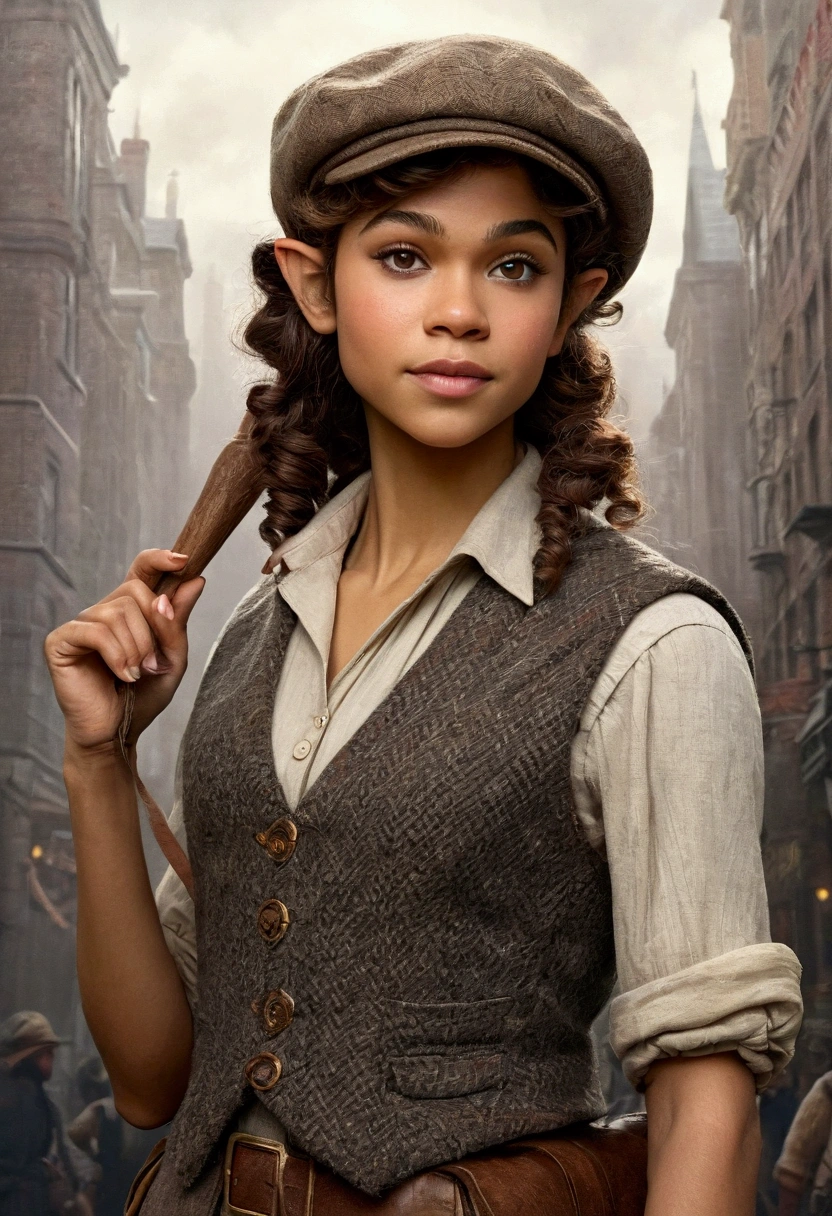 An illustrated movie poster, hand-drawn, full color, an elven maiden, wearing a tweed vest and a newsie cap, tall, toned, amazonian stature, athletic hourglass figure, long pointy elf ears, amber eyes, dark hair, curly bob cut, warm almond skintone, freckles, resembles Zendaya, standing on a foggy Victorian-era street corner, graphite shading, stencil marks, airbrushed acrylic paint, masterpiece, elf ears
